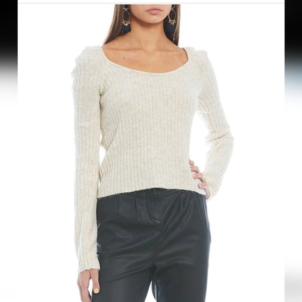 GB Long puff Womens sleeve ribbed cream Boho Chic knit top. sz L